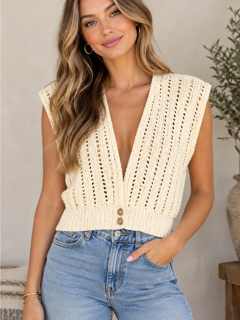 Handmade Open Knit Sweater Vest Coastal Grandmother Boho Preppy Festival